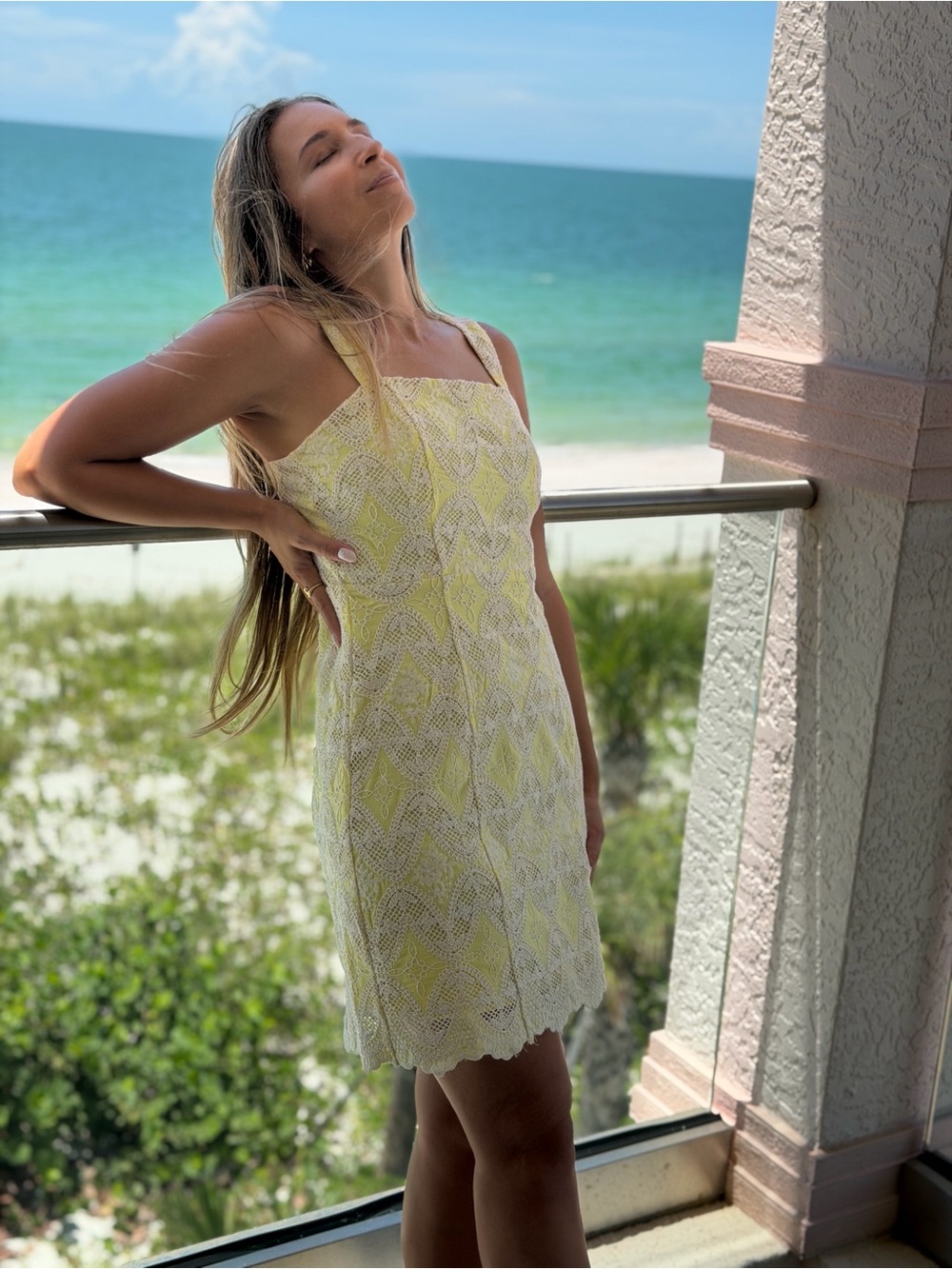 mittoshop Yellow Lace Mini Dress with Square Neck